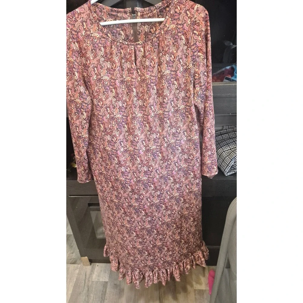Handmade Vintage Paisley Print Long Sleeve‎ Midi Dress Ruffle Hem Mauve Purple M